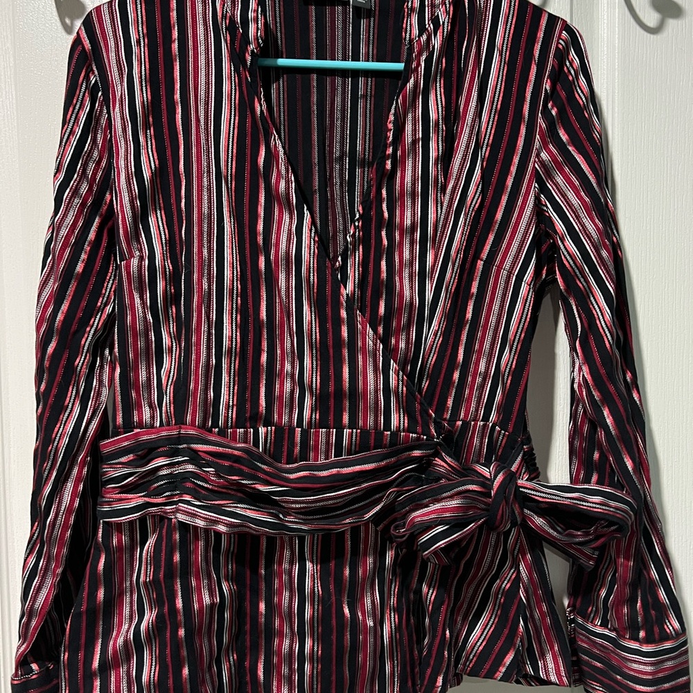 Black Red White Striped Apt. 9 wrap Business work Blouse